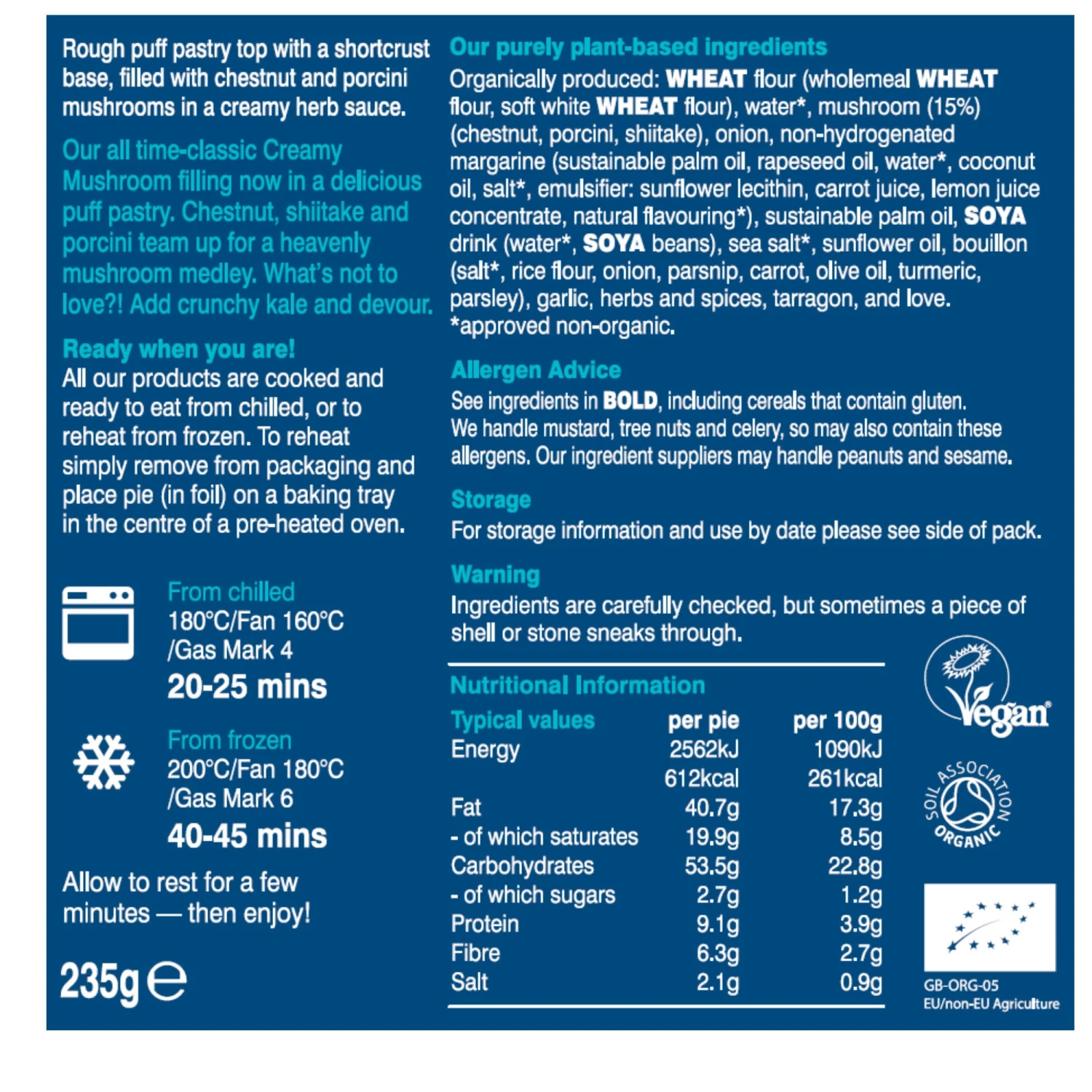Clive's Organic Creamy Mushroom Puff Pie 235g 4 Clive's Organic Creamy Mushroom Puff Pie 235g - Image 2