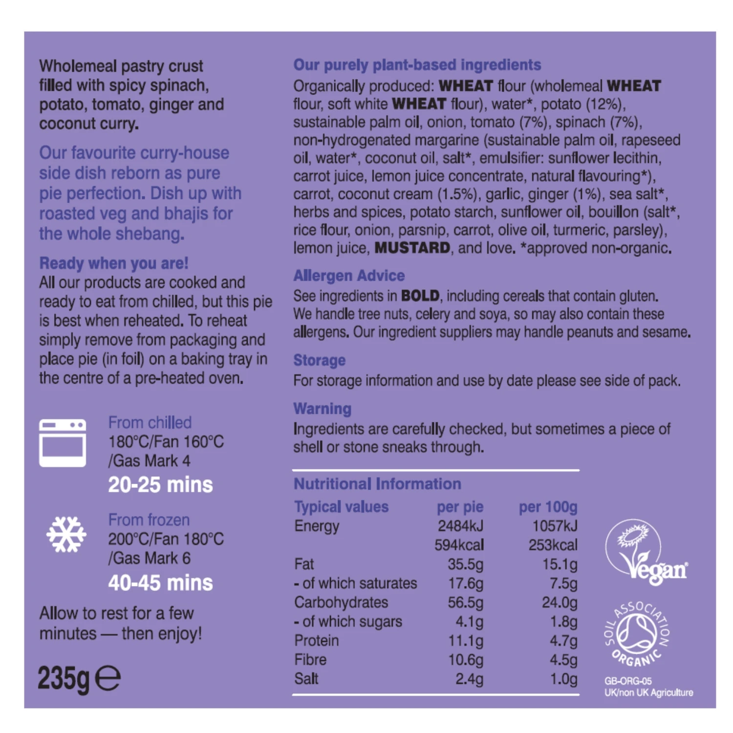 Clive's Organic Saag Aloo Wholemeal Pie 235g 4 Clive's Organic Saag Aloo Wholemeal Pie 235g - Image 2